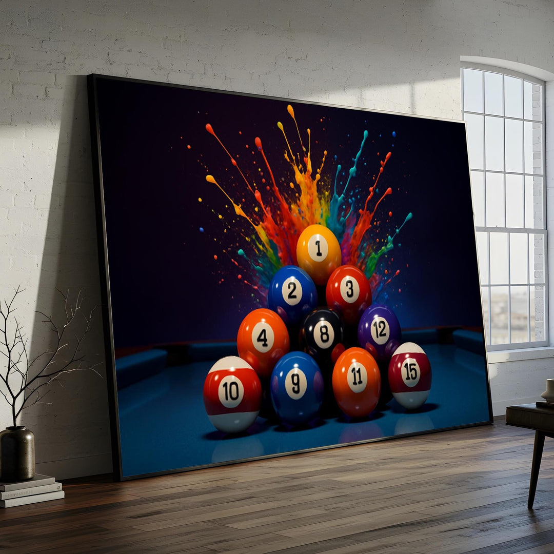Color Splash Billiards canvas painting featuring a vibrant 8 ball on a pool table