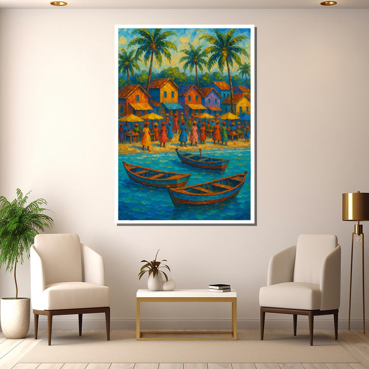 Beach house decor scene featuring bright tropical colors and palm trees