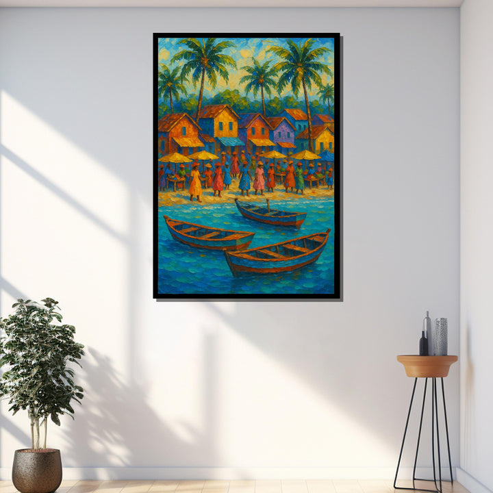 Full tropical shoreline scene on canvas showing houses, boats and sunlit water