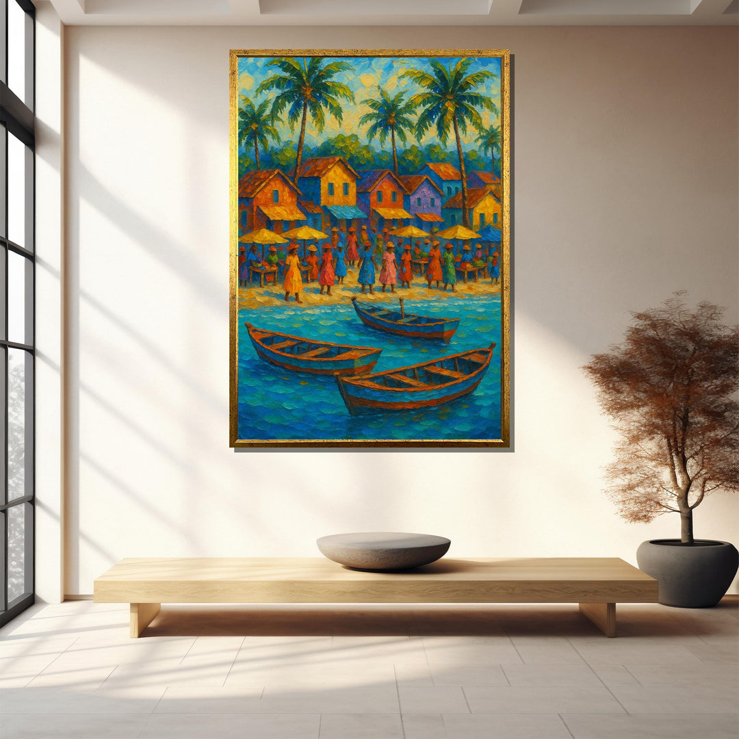 Close-up of vivid coastal colors on stretched canvas, palm trees and water