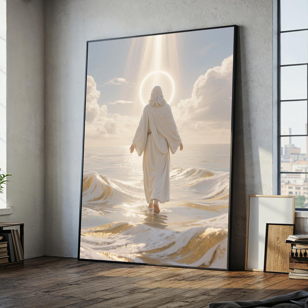 Jesus walking on water canvas painting, serene Christian wall art, ready to hang
