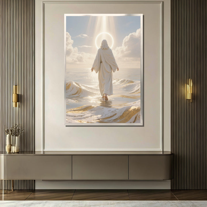Gallery-wrapped canvas with biblical scene of Jesus walking on water