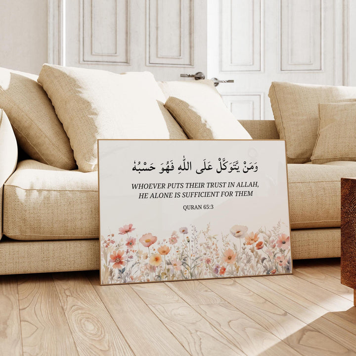 Floral Islamic art wall print with Quran 65:3 verse on white background