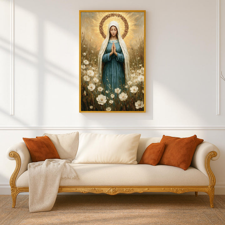Religious wall decor Virgin Mary halo with floral accents framed on wall