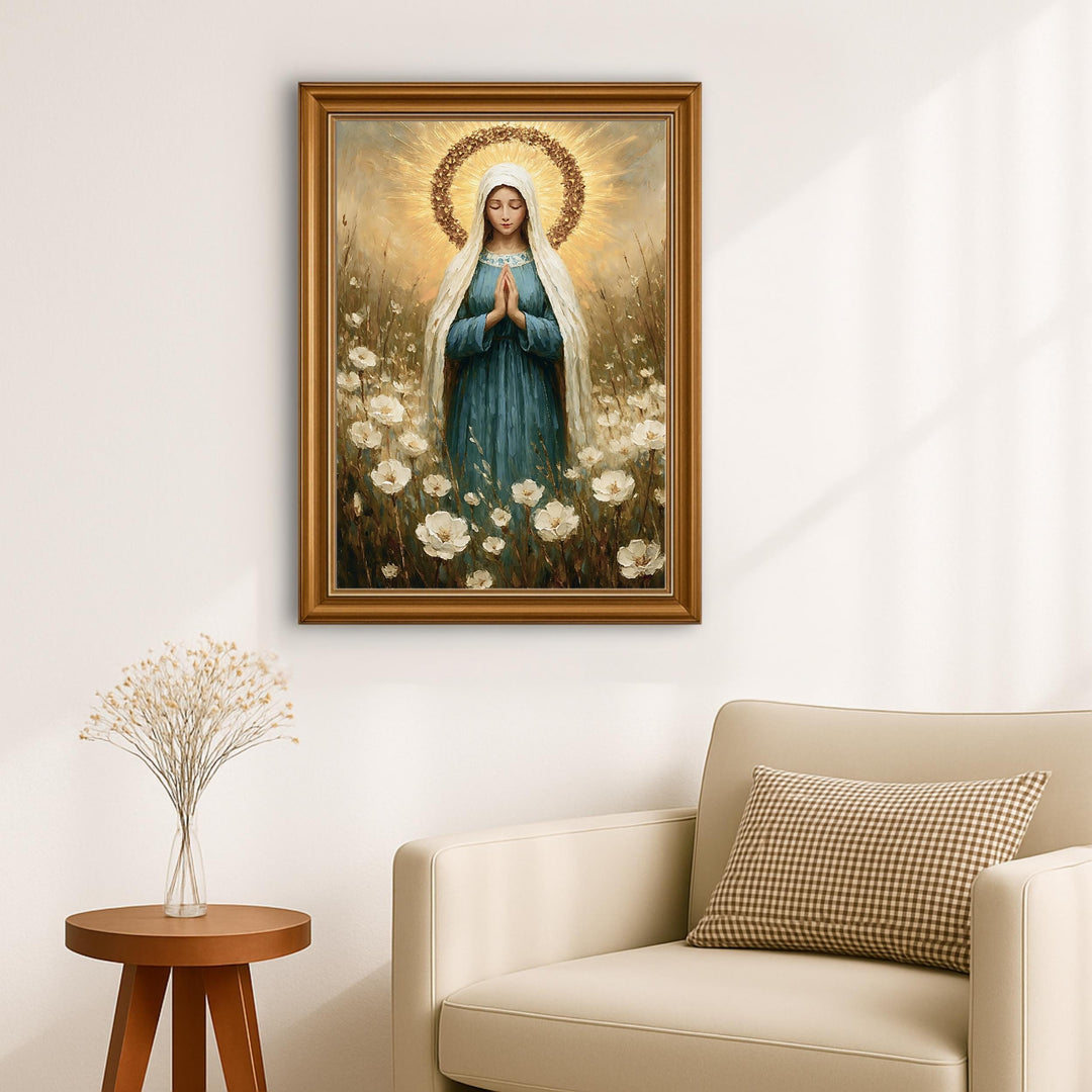 Framed Virgin Mary floral halo wall art ready to hang in living room
