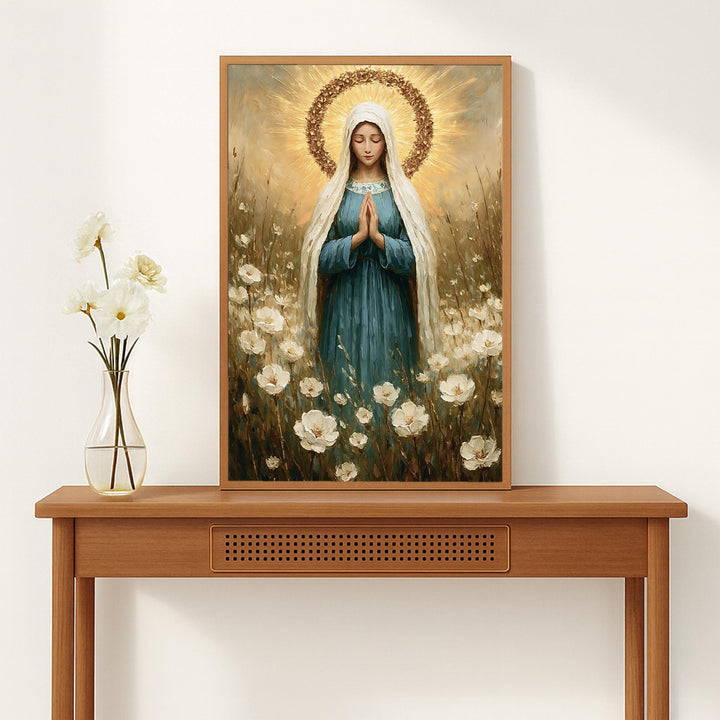 Mary portrait with decorative floral halo artwork on premium wall art