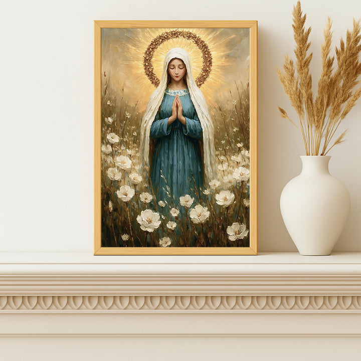 Canvas wall art Virgin Mary floral halo decor with textured surface