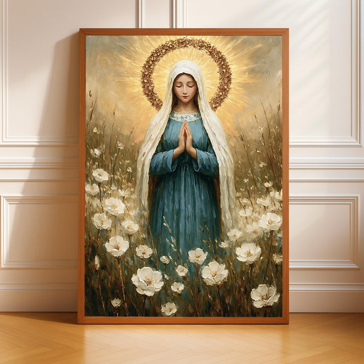 Virgin Mary floral halo art print closeup with detailed petals and soft colors
