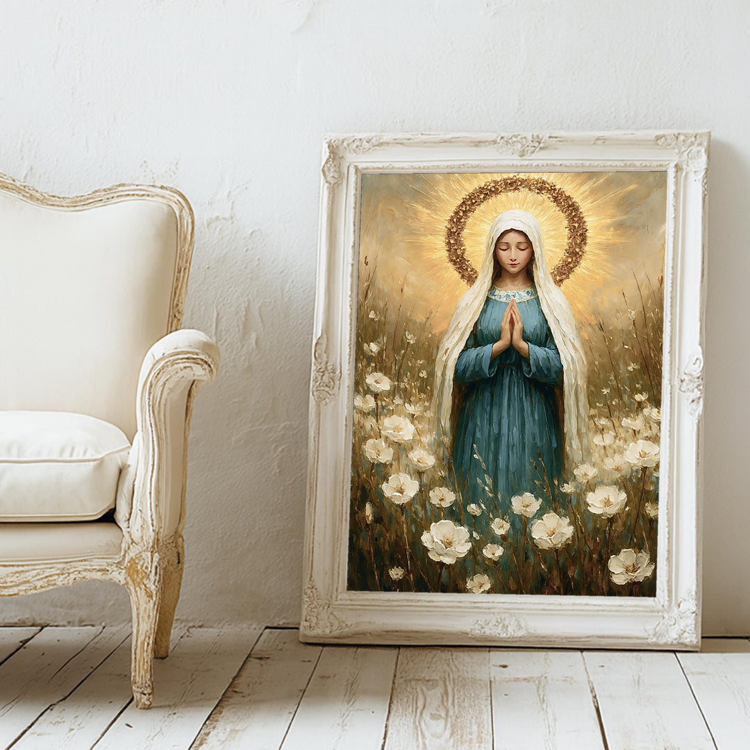 Perspective shot of Virgin Mary floral halo wall art showing finish