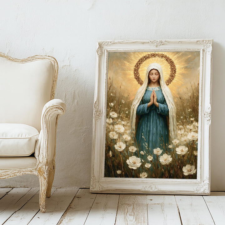 Perspective shot of Virgin Mary floral halo wall art showing finish