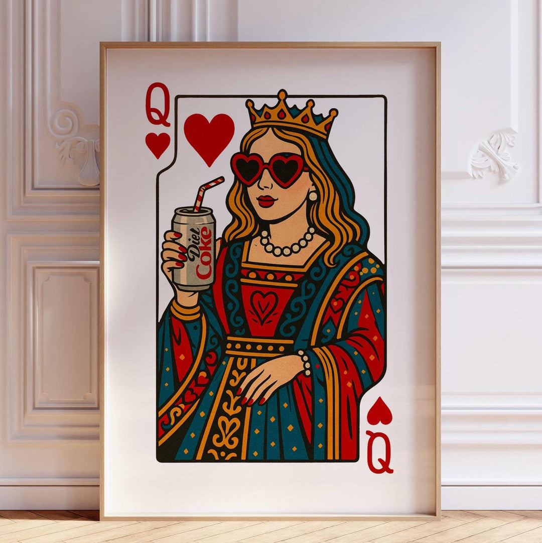 Queen of Hearts pop art print featuring a Diet Coke playing card in retro modern style