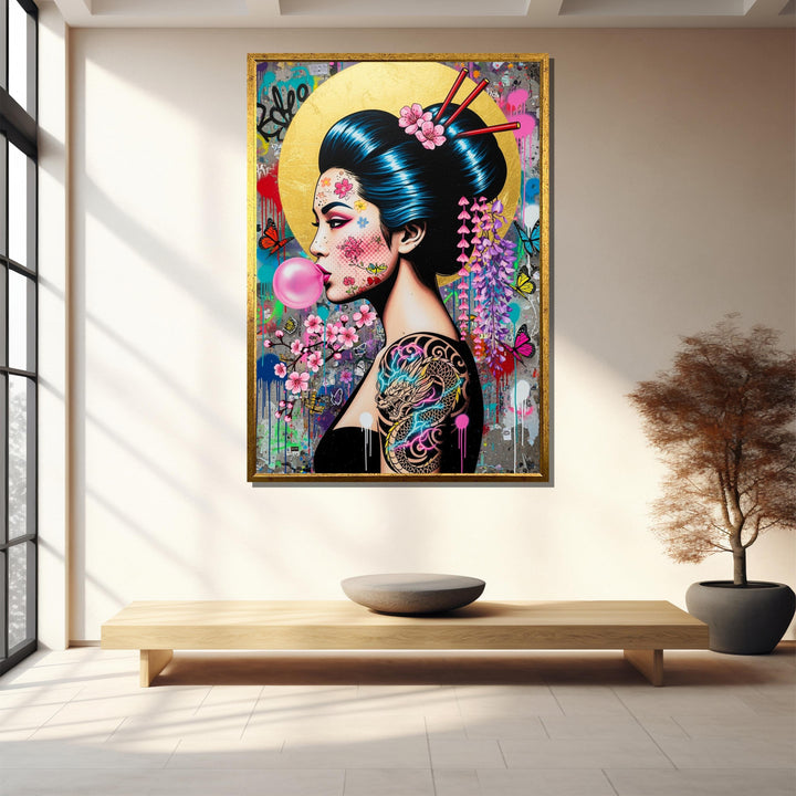 Geisha portrait on canvas featuring dragon tattoo motif
