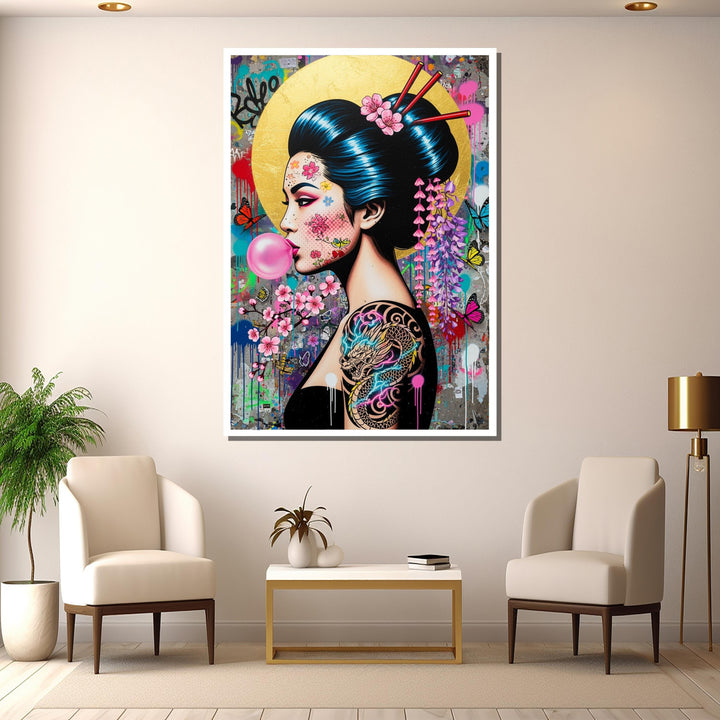 Vivid graffiti Geisha wall art displayed in a modern living room