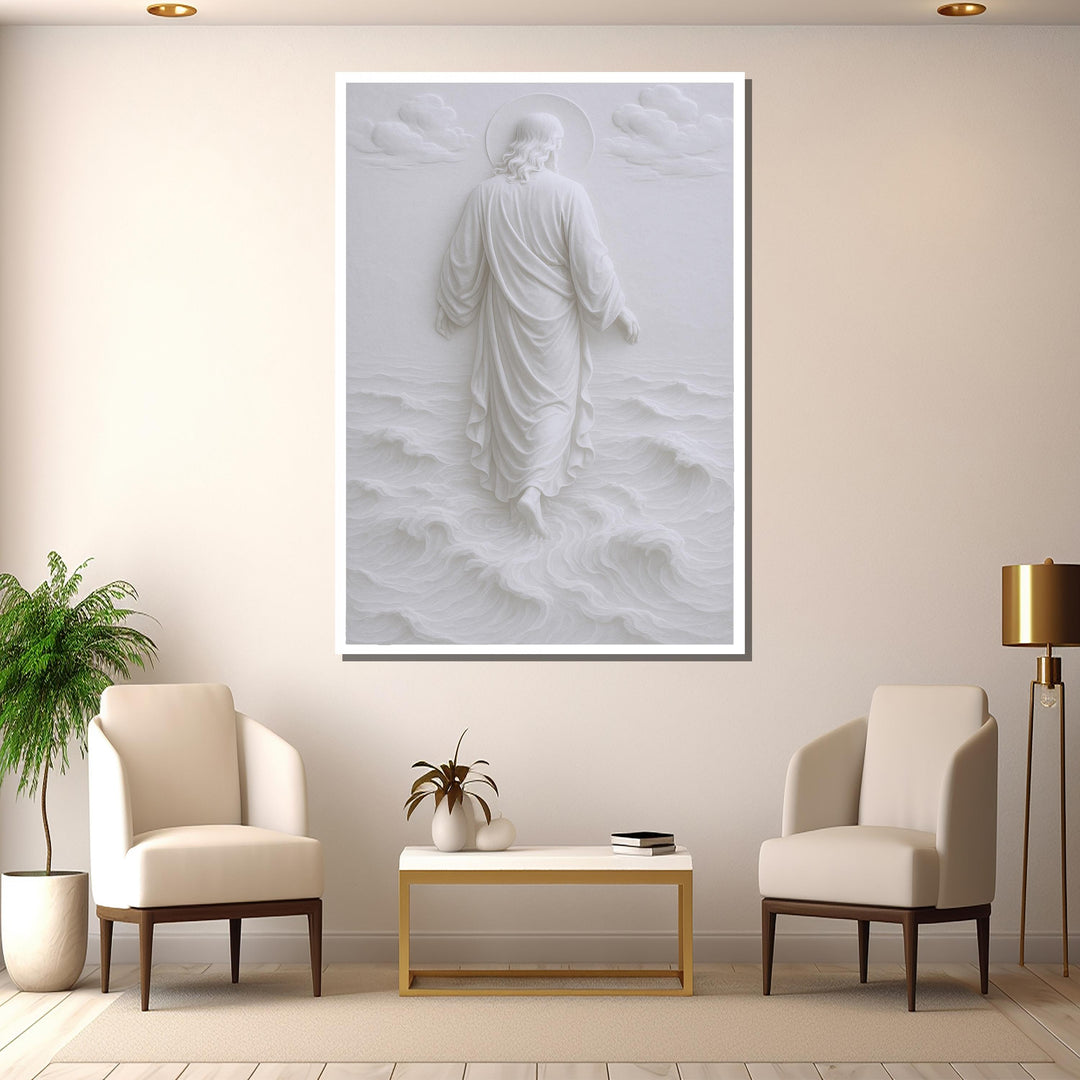 Close-up showing textured details on Jesus walking on water wall art canvas