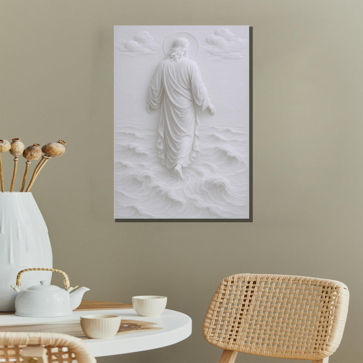 Serene religious decor featuring Jesus on water canvas wall art