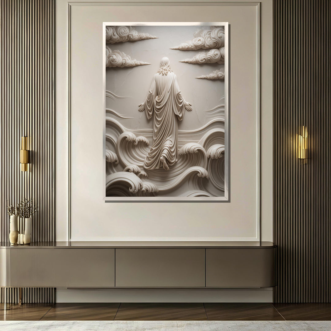 Large beige Jesus artwork on wall canvas detail
