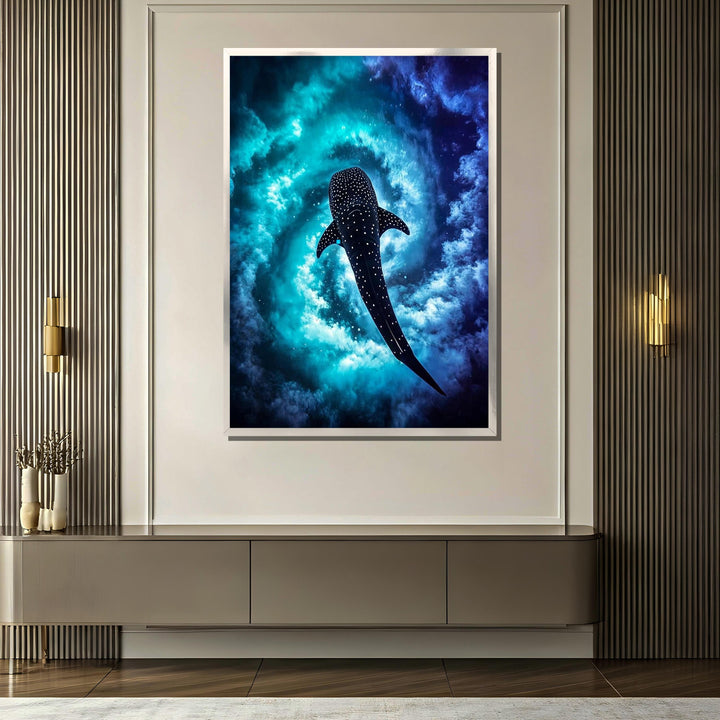 Blue galaxy ocean painting on canvas featuring whale shark and stars