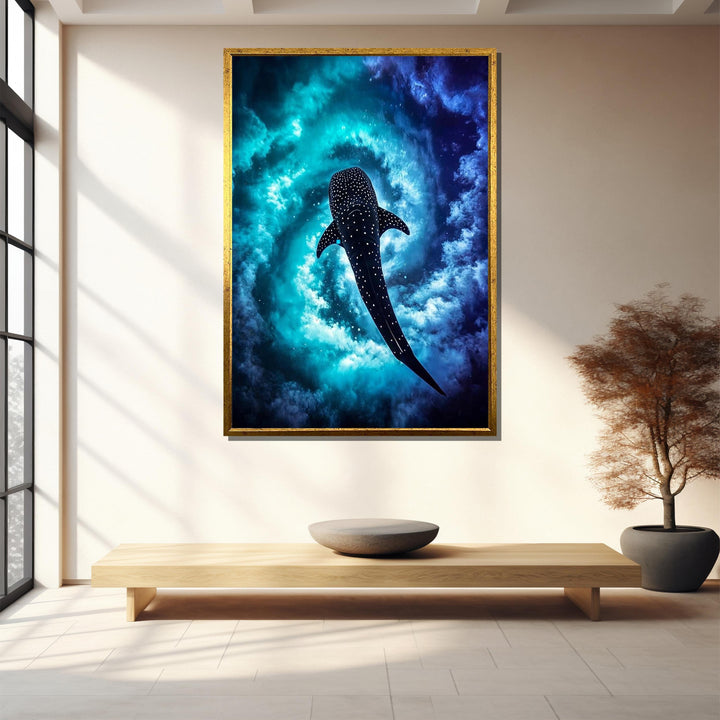Full canvas wall art showing whale shark blue galaxy ocean scene