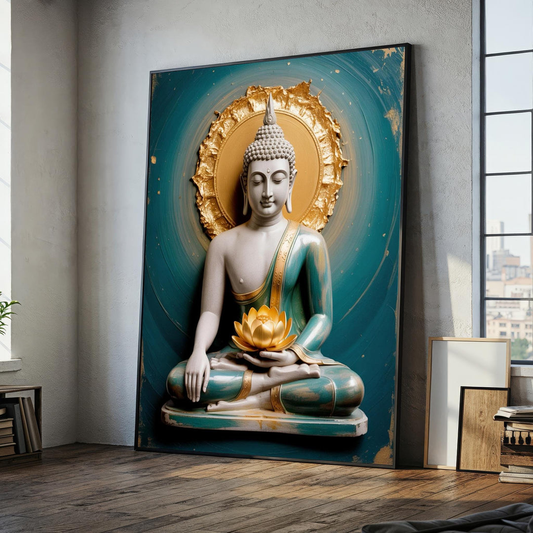 Golden Buddha canvas wall art with lotus motif, warm tones, gallery wrap