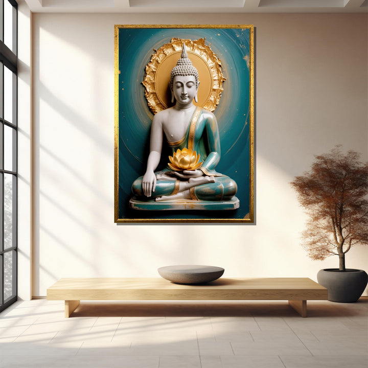 Large meditation painting on canvas featuring Buddha in tranquil gold hues