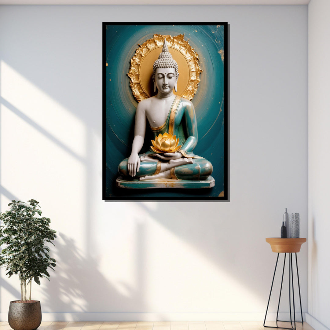 Close-up of lotus and Buddha figure on gold-toned canvas wall art
