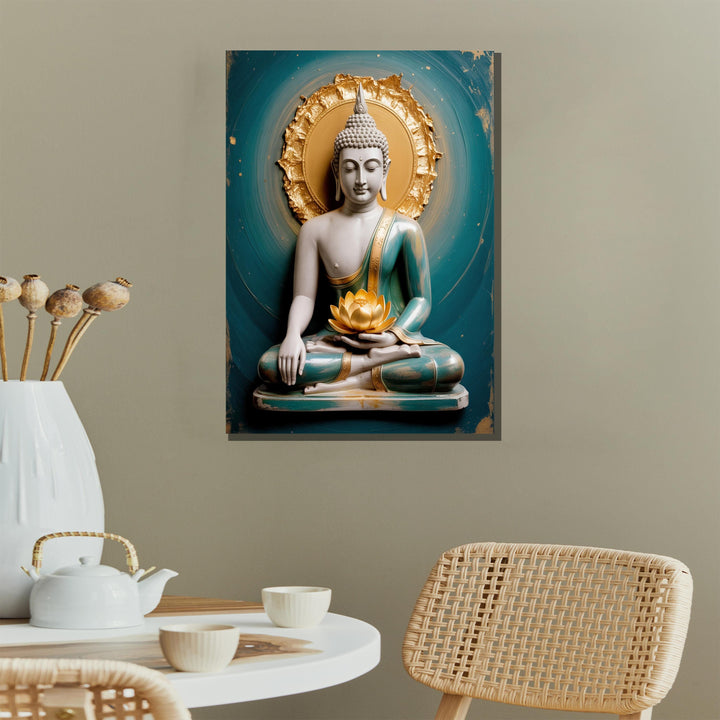 Elegant golden Buddha canvas wall art ready to hang in living room