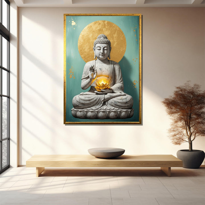 Close-up of Buddha figure and golden lotus accent on canvas