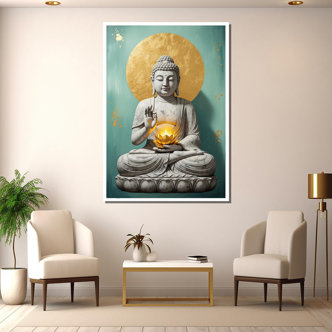 Living room wall decor with tranquil Buddhist art