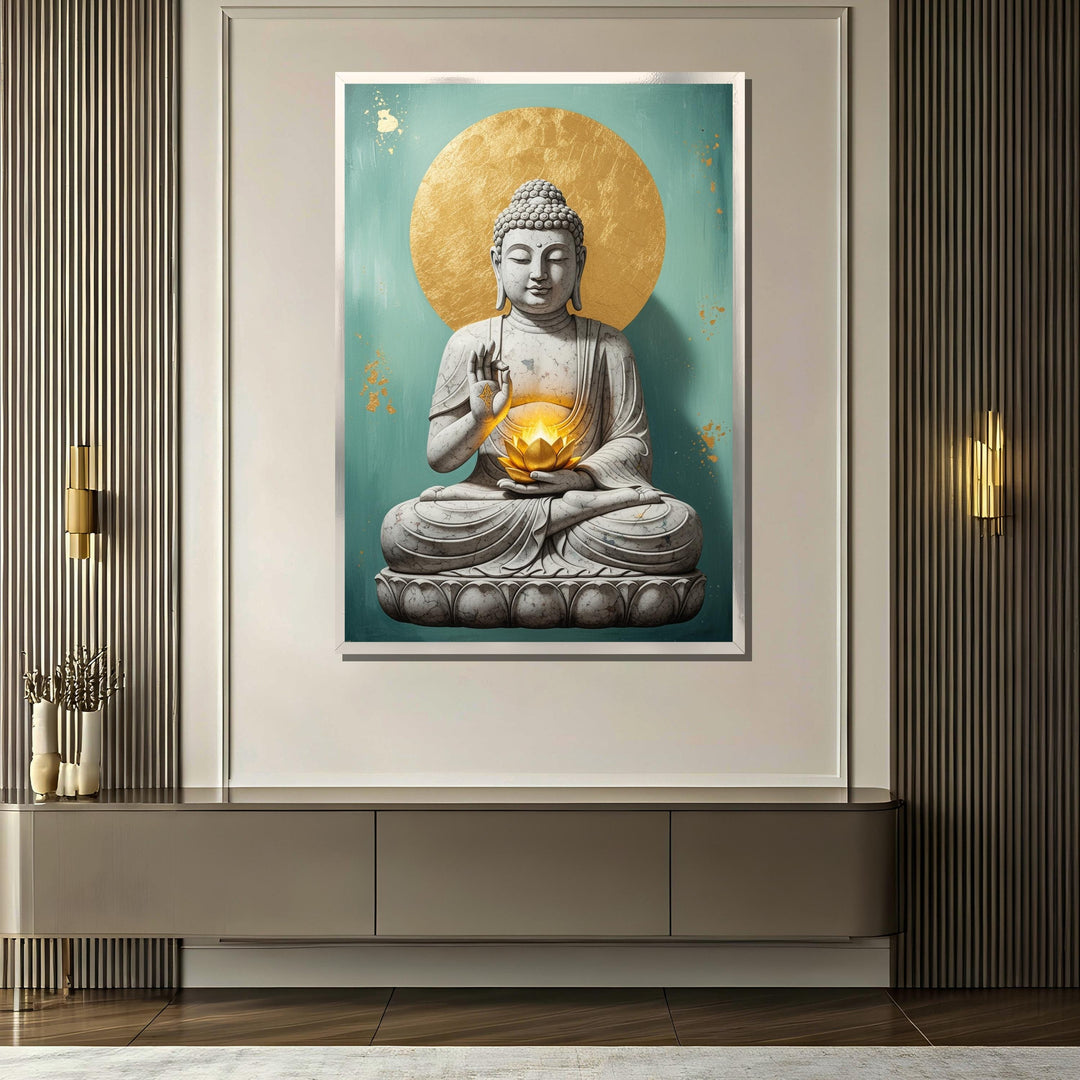 Zen yoga studio decor featuring serene Buddha artwork