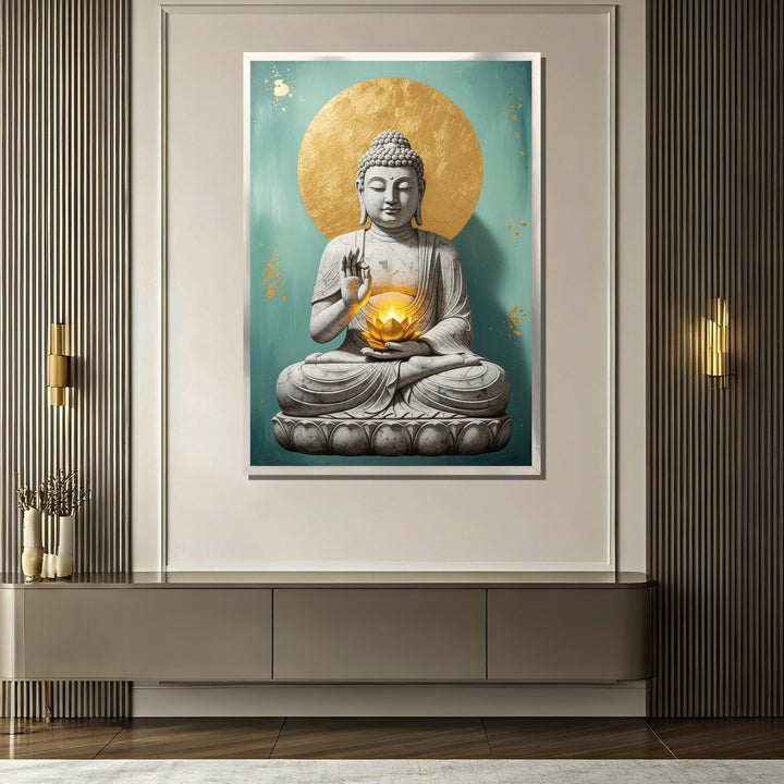Zen yoga studio decor featuring serene Buddha artwork