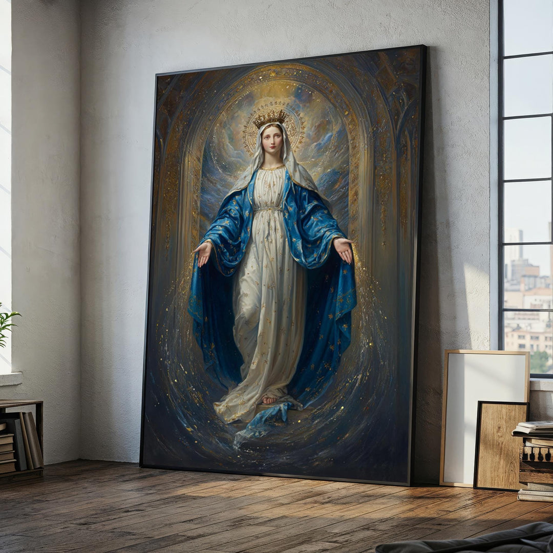 Virgin Mary canvas painting in blue and gold on premium wall art
