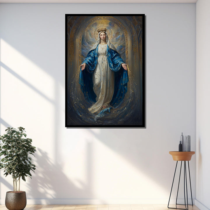 Blue and gold Virgin Mary portrait on ready-to-hang canvas