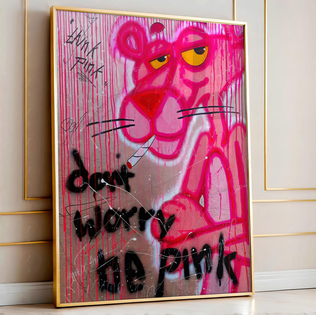 Close-up of Pink Panther graffiti on vibrant pink canvas art