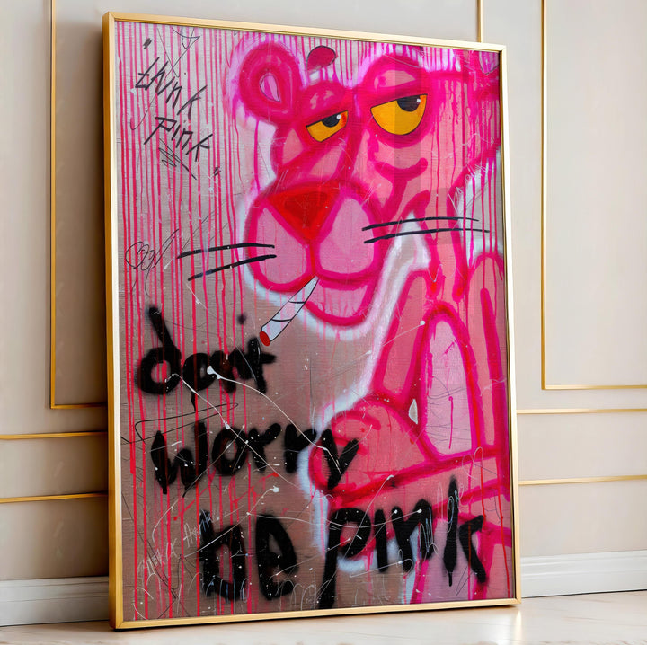 Close-up of Pink Panther graffiti on vibrant pink canvas art