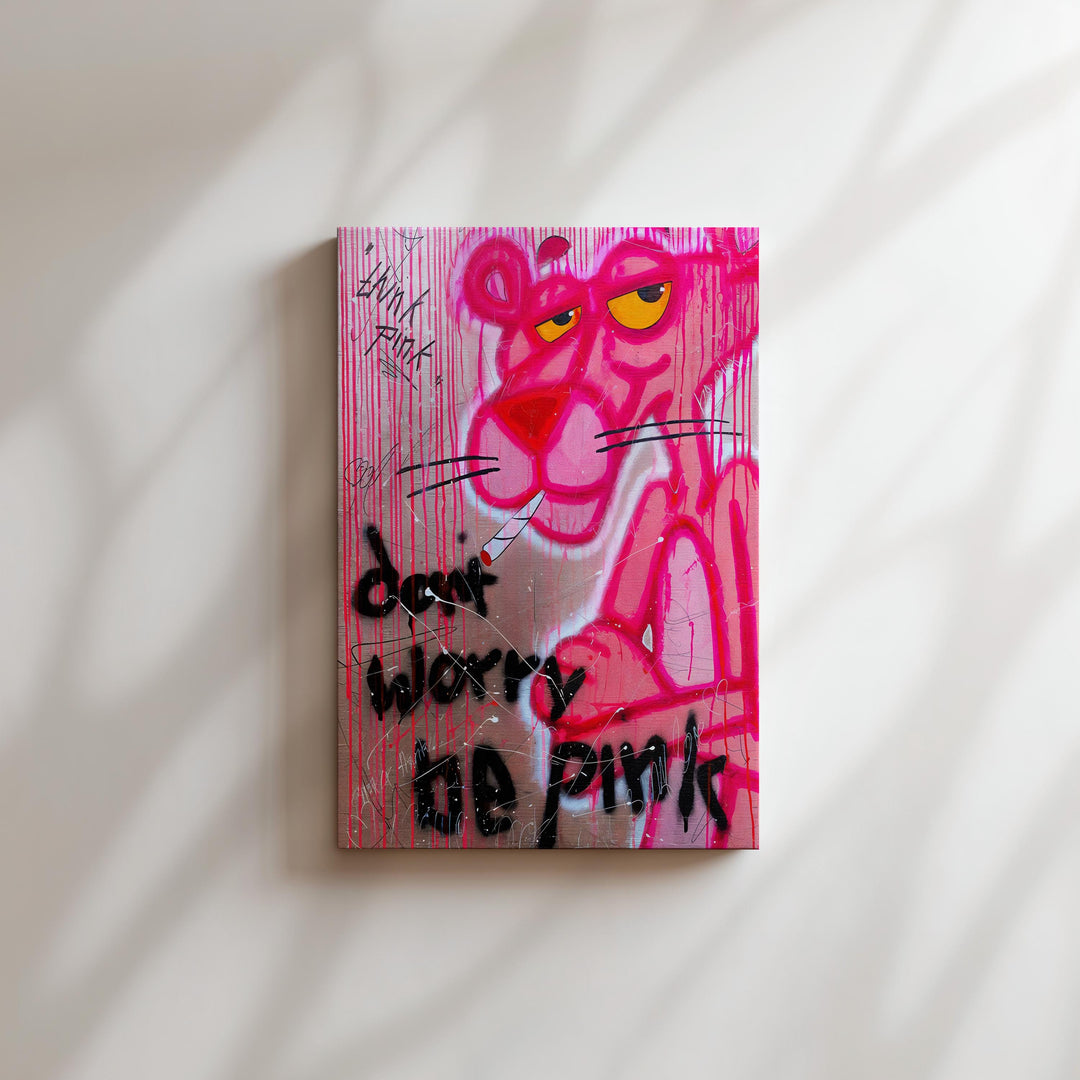 Detail showing Pink Panther silhouette amid neon graffiti on canvas