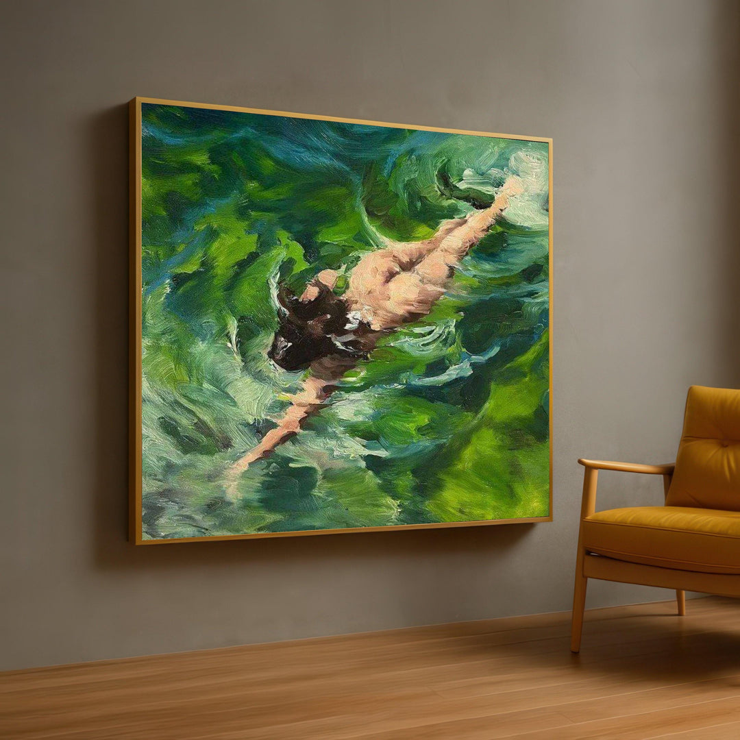 Close-up of abstract woman swimming on canvas with serene green water texture