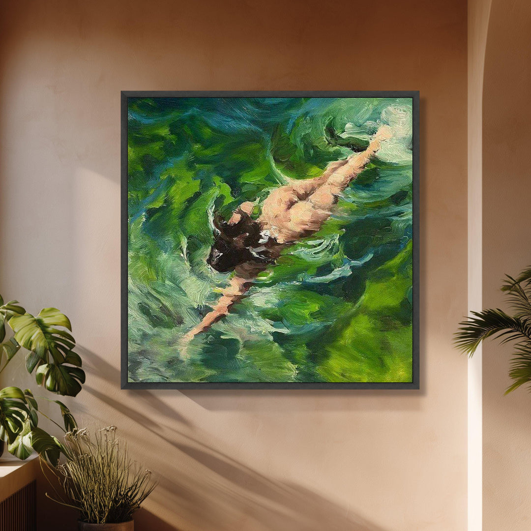 Detail view of canvas wall art: abstract swimmer amidst green water