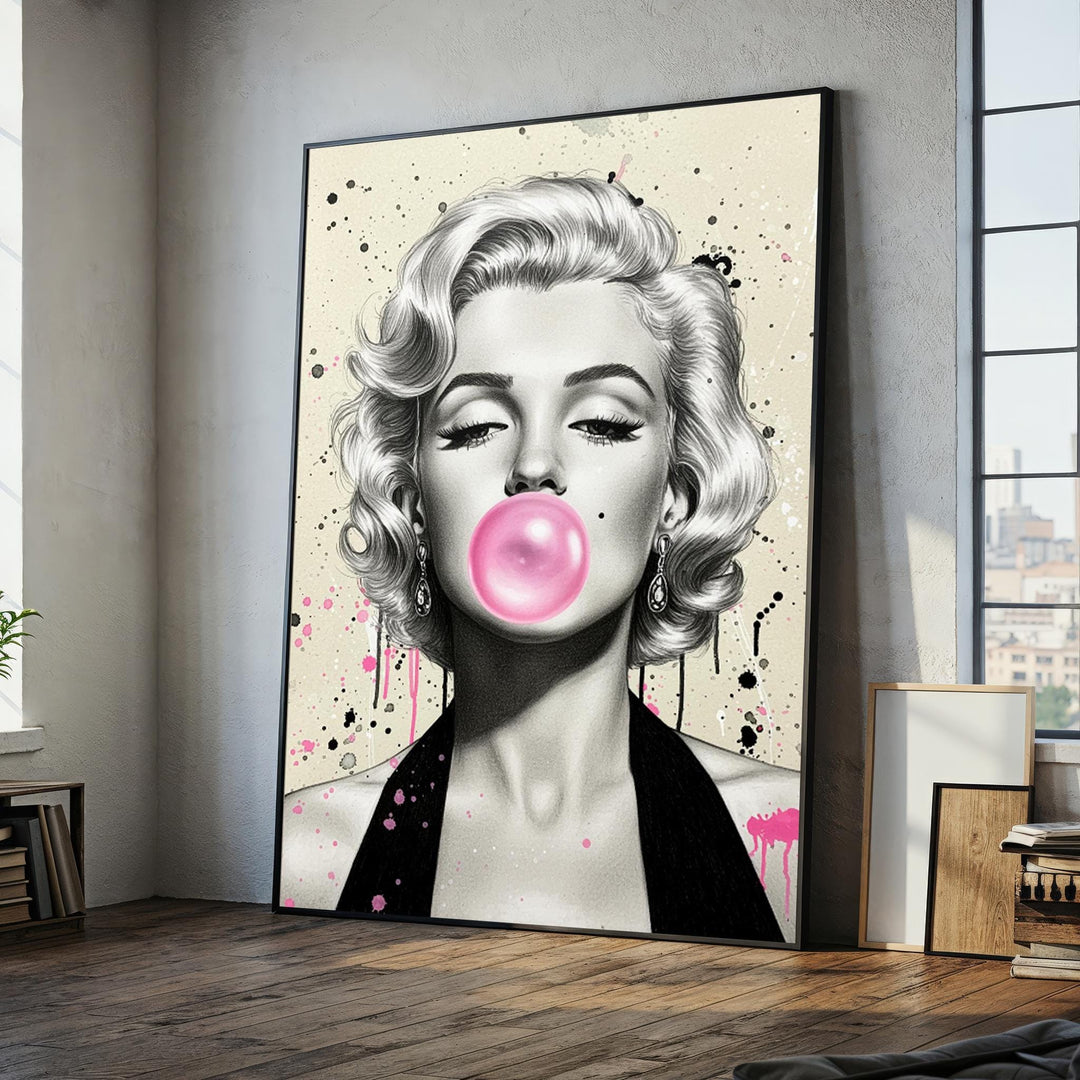 Marilyn Monroe pop art portrait on white canvas with pink bubblegum accent - front view