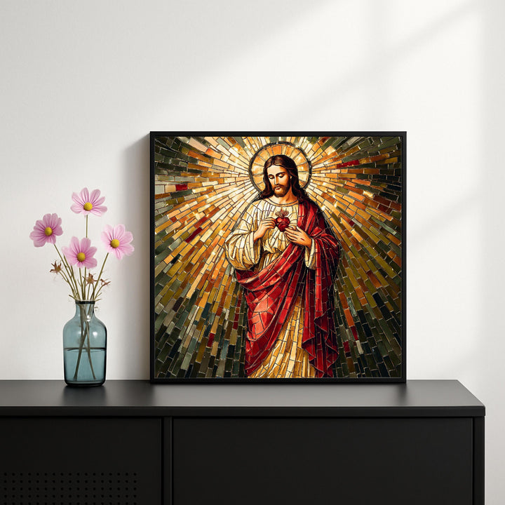 Side view of the square religious wall art framed and ready to hang in a living space