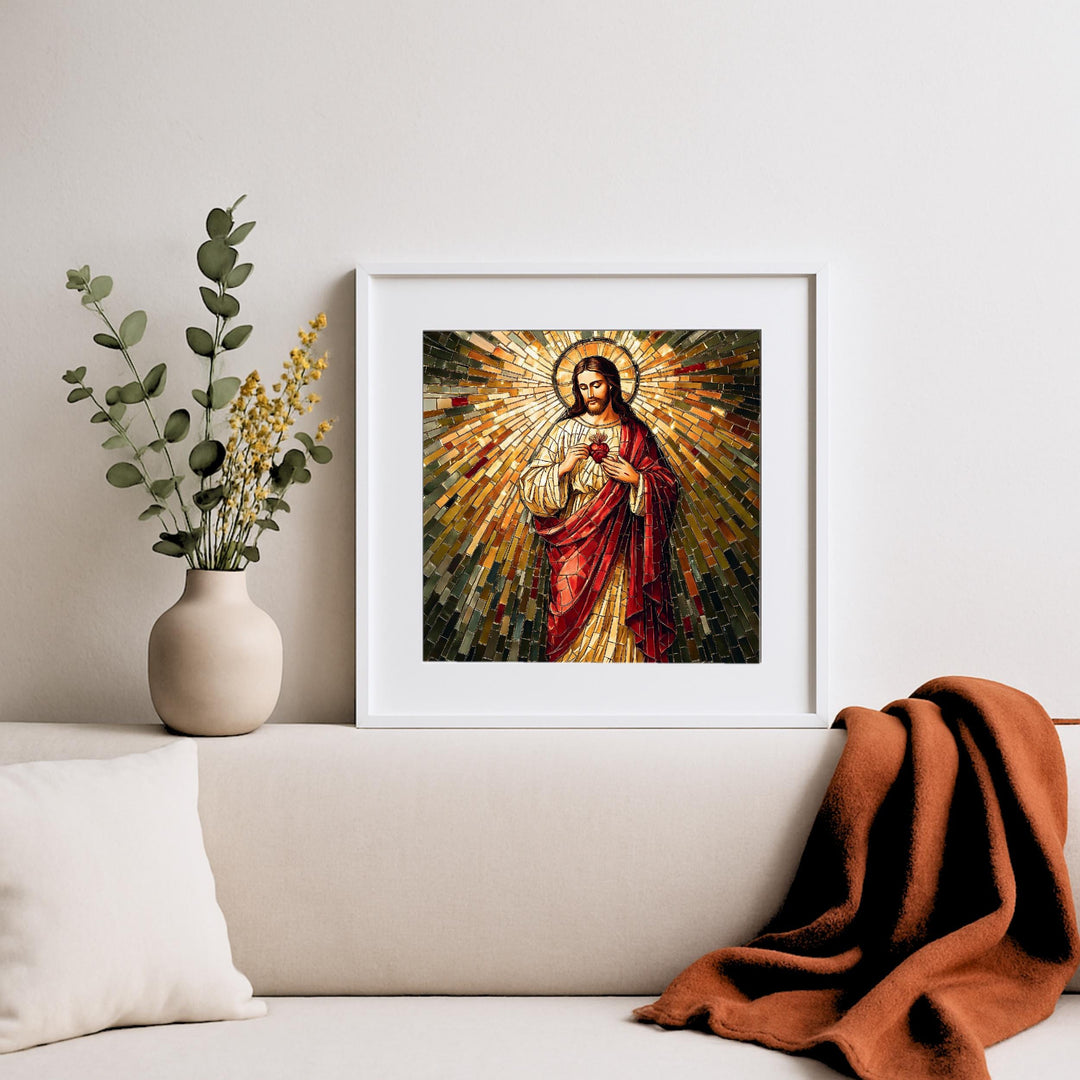 Gallery-style display of the Sacred Heart mosaic art over a mantel, warm lighting