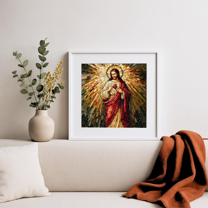 Gallery-style display of the Sacred Heart mosaic art over a mantel, warm lighting