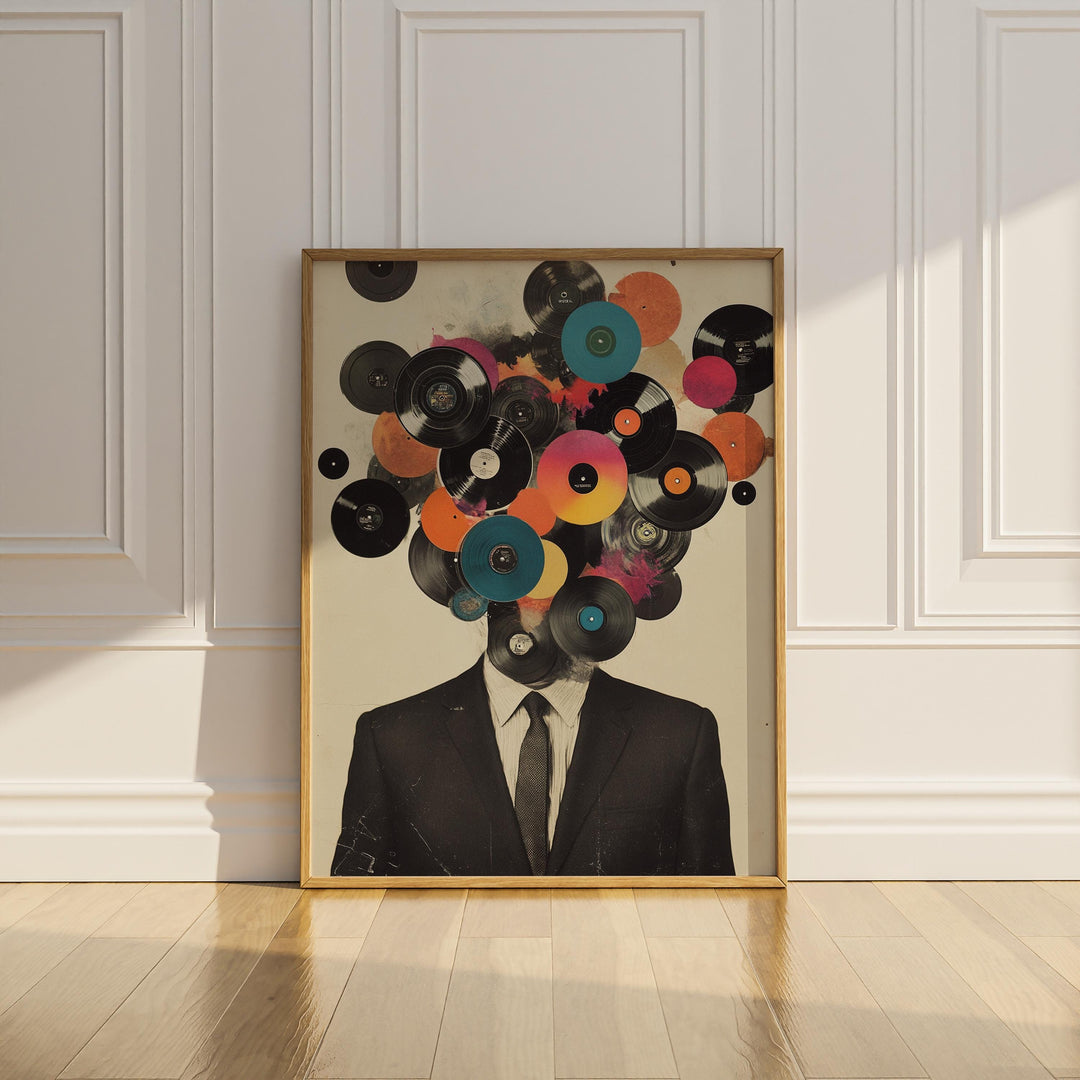 Vintage vinyl records wall art collage with a man in a suit in retro tones