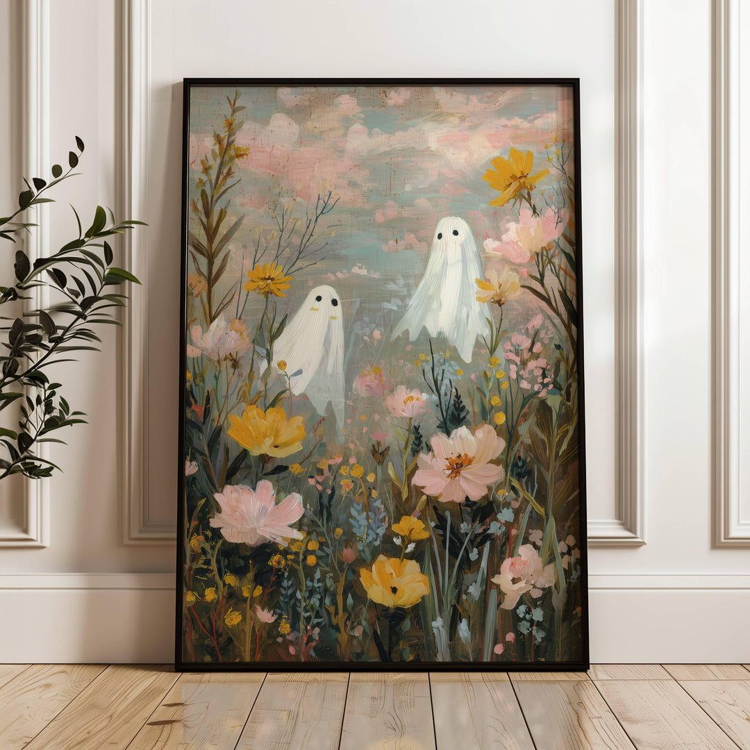Whimsical vintage ghosts drifting over a flower field in wall art print