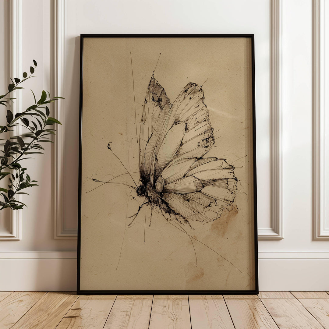 Vintage black butterfly sketch wall art on archival stock