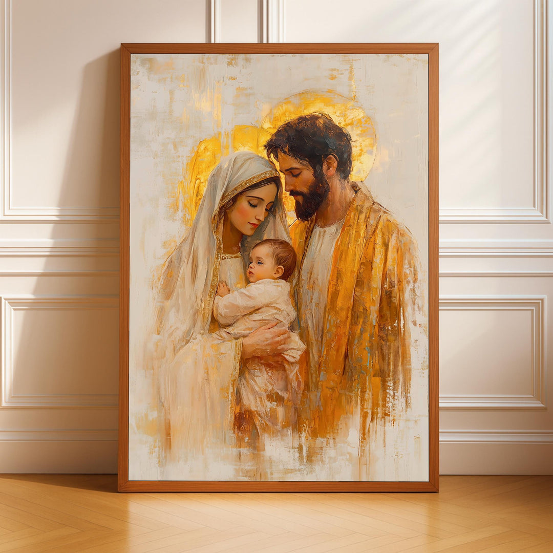 Holy Family vintage painting showing Mary, Joseph, and the infant in a warm, muted composition