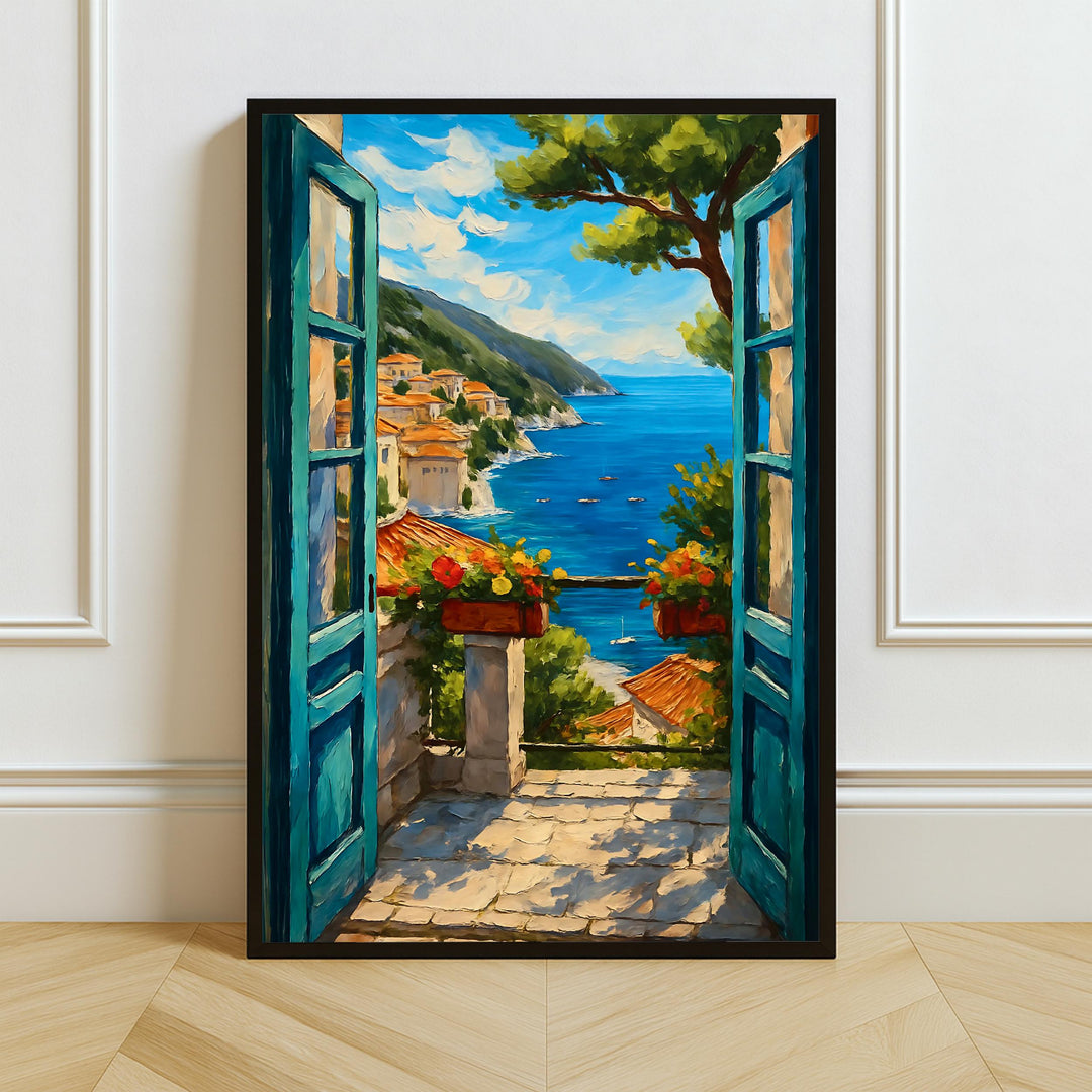 Open window mediterranean coast view in thick impasto texture