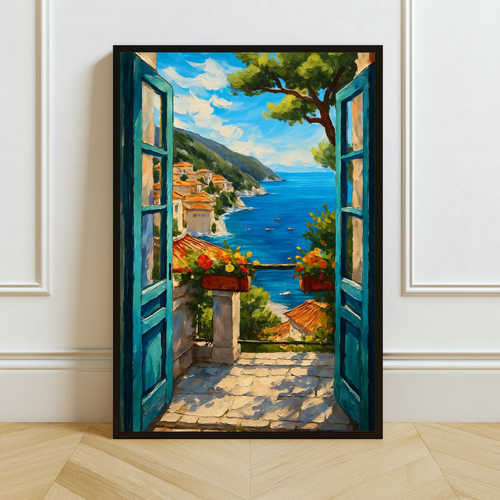 Open window mediterranean coast view in thick impasto texture