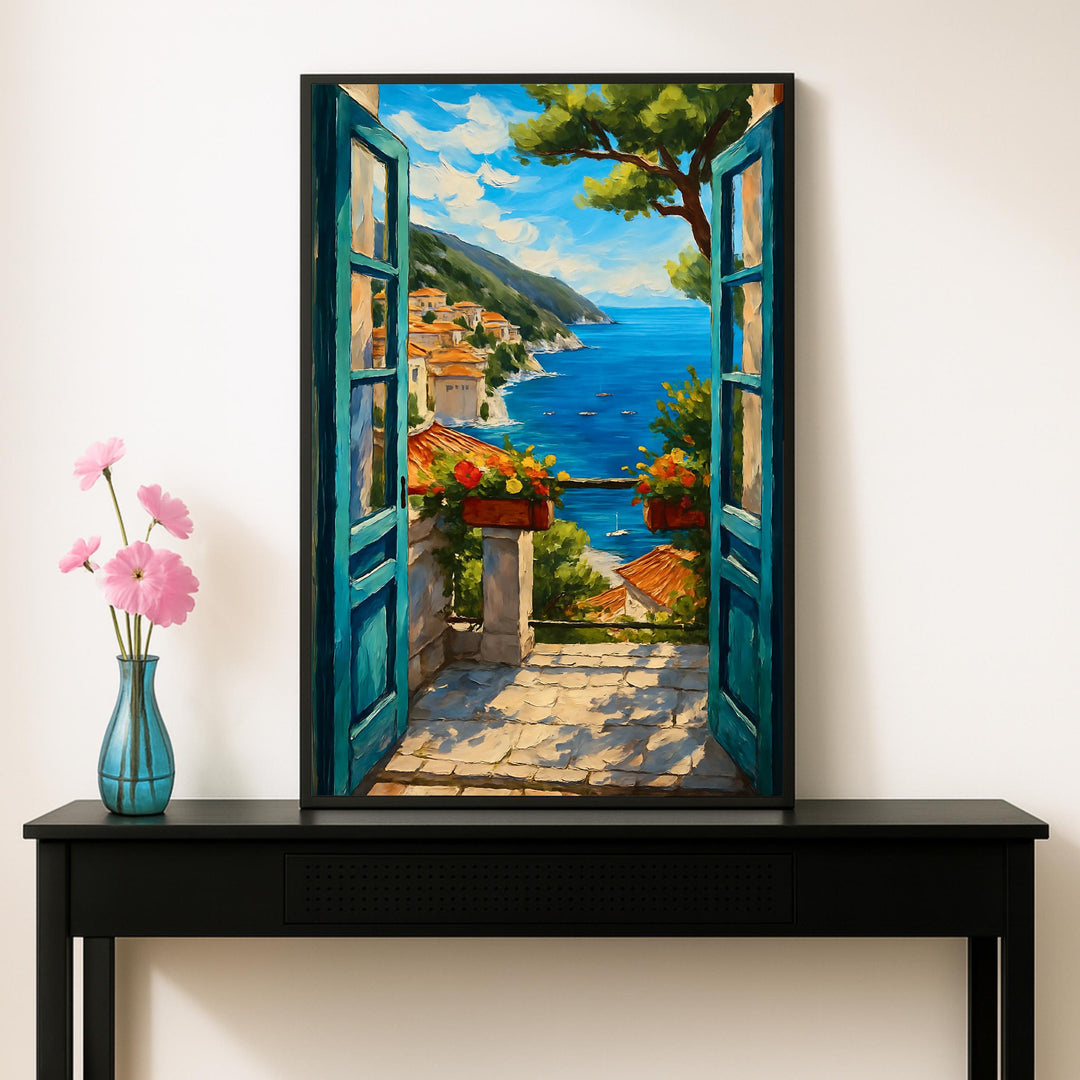 Textured canvas painting of open window overlooking the sea