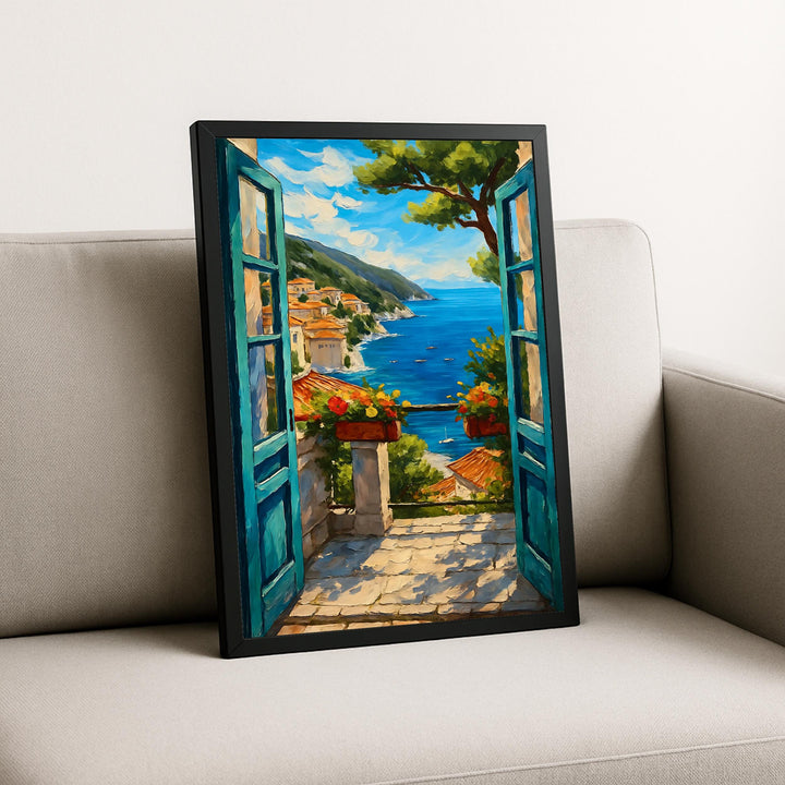 Impasto wall art showing blue skies and sea from balcony