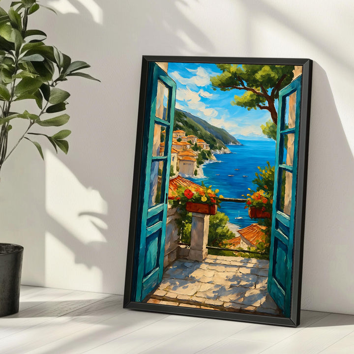 Mediterranean colors in open window landscape on canvas